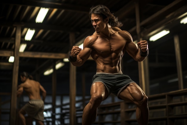 Muskulöser asiatischer Mann mit langen Haaren in Kampfhaltung
