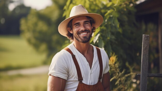 Muskulöser bärtiger Mann in lässiger Kleidung, der einen Baumstamm trägt und während der Arbeit auf der Farm gegen den bewölkten blauen Himmel und die üppigen Bäume wegblickt