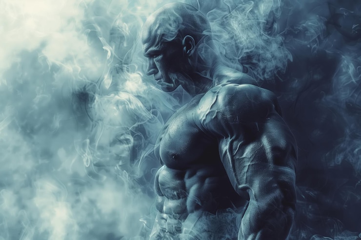 Foto muskulöser bodybuilder in einer dramatischen pose mit rauch, der um ihn herum wirbelt, der körper des bodybuilders wird hervorragend gezeigt, was seine definierten muskeln und seinen geschnitzten körper hervorhebt