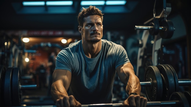 Muskulöser, gutaussehender Mann, der im Fitnessstudio mit Gewichten trainiert