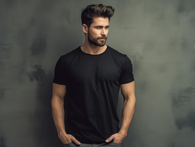Muskulöser, gutaussehender Mann im schwarzen T-Shirt. Realistisches T-Shirt-Modell