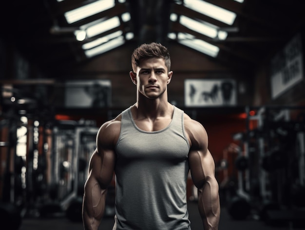 Muskulöser junger Mann im Fitnessstudio zeigt Muskeln Fitness-Modell Züge im Fitnessstudio