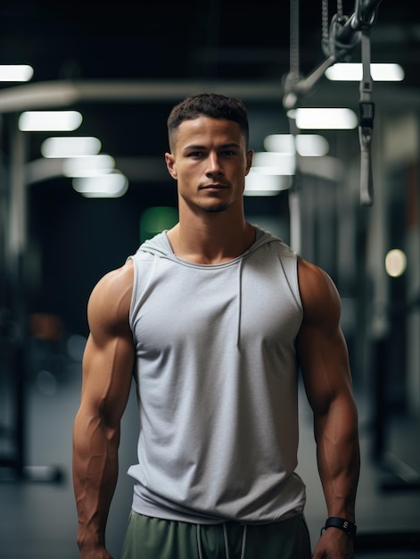 Muskulöser junger Mann im Fitnessstudio zeigt Muskeln Fitness-Modell Züge im Fitnessstudio
