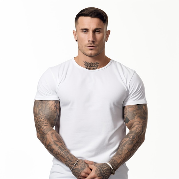 Muskulöser Mann mit Tätowierungen, der ein schlichtes weißes T-Shirt auf einem schlichten weißen Hintergrund trägt
