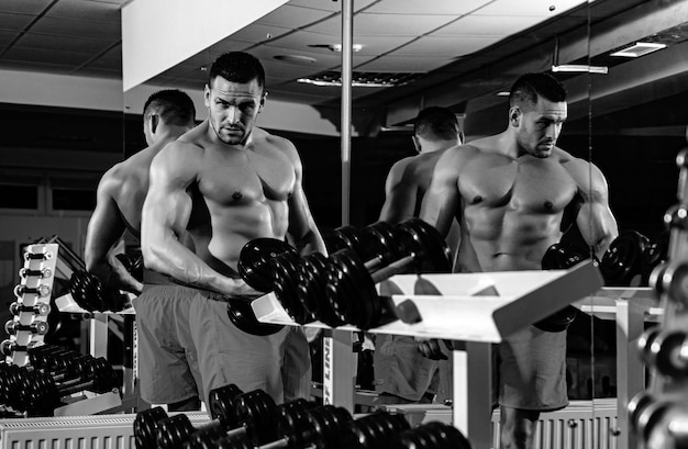 Muskulöser Mann trainiert im Fitnessstudio, trainiert mit Hanteln für den Bizeps, starker männlicher Bodybuilder