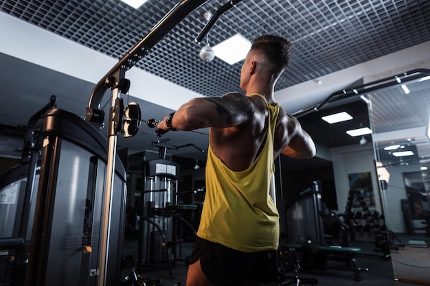Muskulöser Mann trainiert und pumpt seine Rückenmuskulatur im Fitnessstudio. Bodybuilder-Training