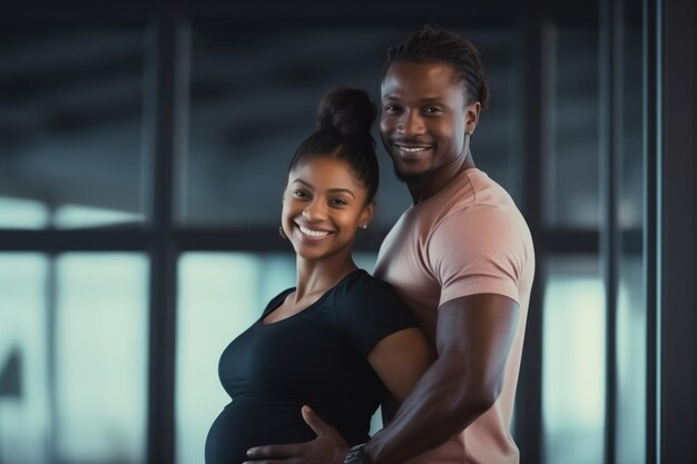 Muskulöser Mann und schwangere afroamerikanische Frau in einem Fitnessstudio Familienpaar macht zusammen Sport