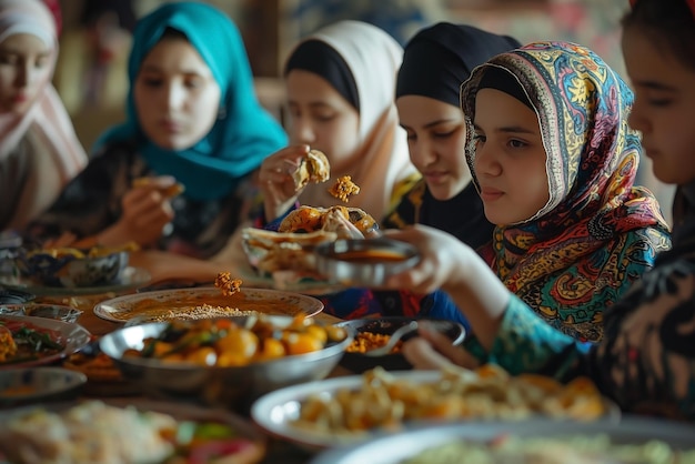 Muslime, die am Ramadan in einer traditionellen muslimischen Familie auf einem Tisch essen, Bokeh-Leute
