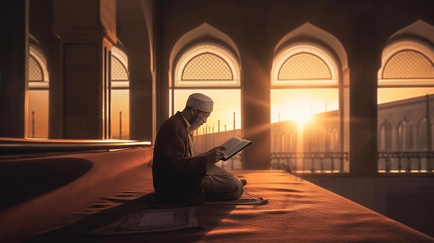 Muslime lesen den Koran in der Moschee bei Sonnenuntergang. Schönes Religions- und Wissenskonzept. Generative KI