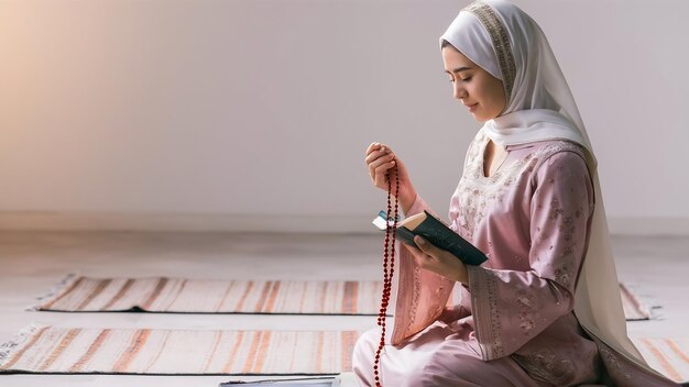 Muslimin betet mit Perlen und liest den Koran