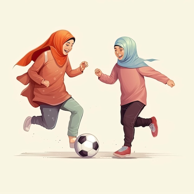 Muslimisch-arabische Kinder spielen Fußball. Kinderbuchillustration im Fußball-Stil, AI generiert