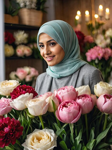 Muslimische Blumenhändlerin sammelt ein Bouquet von Pionen frisch geschnittenen Blumen in Vasen in Blumenläden und Regalen zum Verkauf Lieferung für den Urlaub Frühling 8. März Frauentag KI generiert