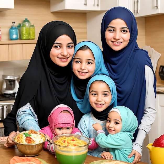 Muslimische Familie mit einem Schwerpunkt auf ihren freudigen Ausdrücken AI_Generated