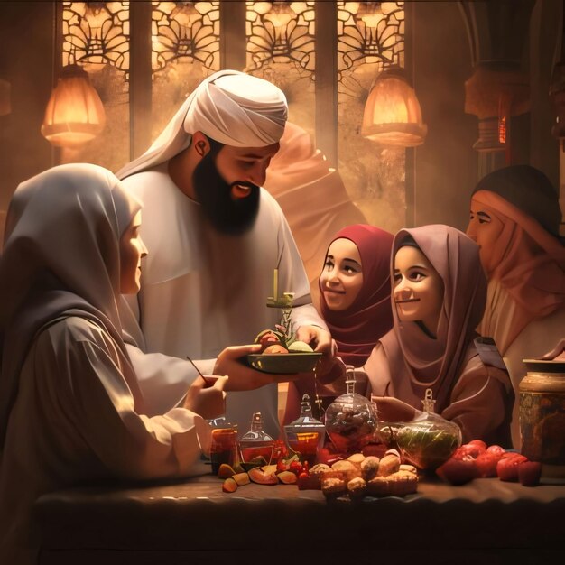 Foto muslimische familie vater frau und töchter essen zusammen eine mahlzeit ramadan als zeit des fastens und gebets für muslime
