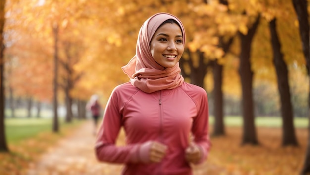 Muslimische Frau läuft in einem öffentlichen Park