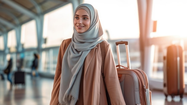 Muslimische Frau wartet am Flughafen auf ihr Flugzeug