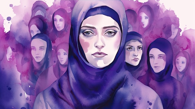 Muslimische Frauen im Iran setzen sich für die Aquarellillustration der Frauenrechte in violetten Farbtönen ein Generative KI