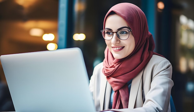 Muslimische Geschäftsfrau arbeitet an einem Laptop in einem Café. Junge muslimische Geschäftsfrau mit Brille.