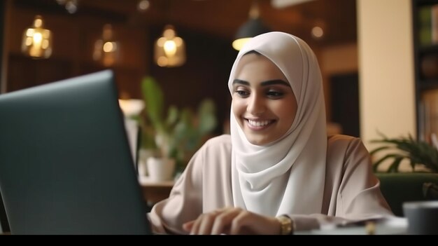 Muslimische Geschäftsfrau Frau, die in einem Laptop zu Hause arbeitet Muslimische Laptop-Studien