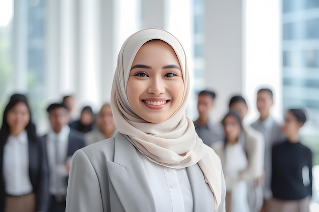 muslimische geschäftsfrau lächeln geschäftsbau hintergrund