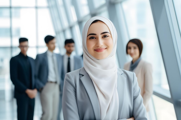 Muslimische Geschäftsfrau lächelt Geschäftsgebäudehintergrund