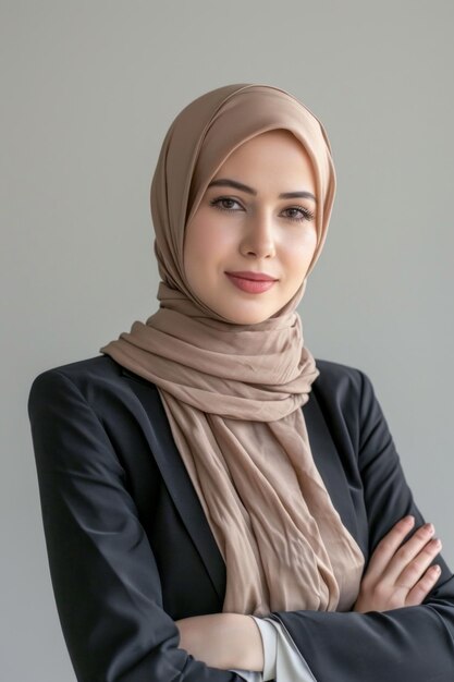 Muslimische Geschäftsfrau und Erfolg mit Gesicht Executive und glücklich mit Karriere Vision mit islamischen