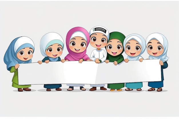 Foto muslimische jungen und mädchen halten eine leere tafel in der hand, ein zeichentrickfilmvektor für muslimische kinder