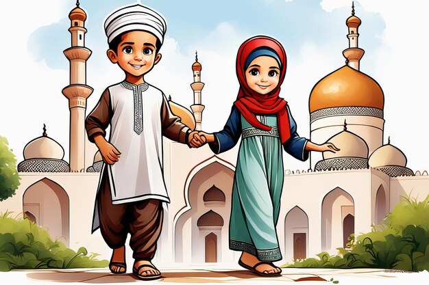 Muslimische Kinder in der Nähe der Moschee helle Illustration für Kinder, die mit generativer KI-Software erstellt wurde