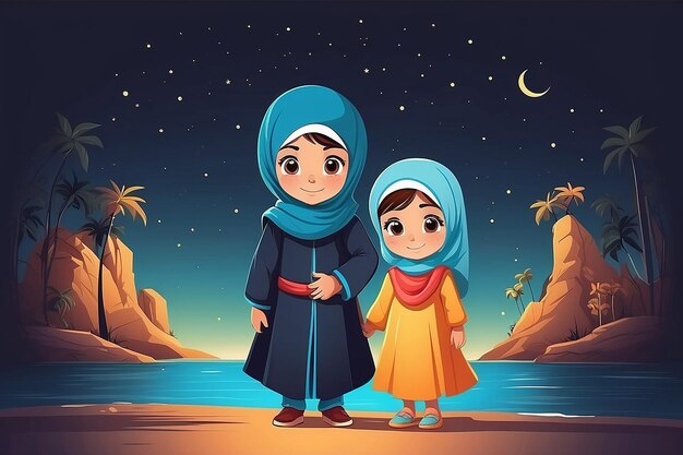 Muslimische Kinder Junge und Mädchen Vektorkunstillustration für Kinder