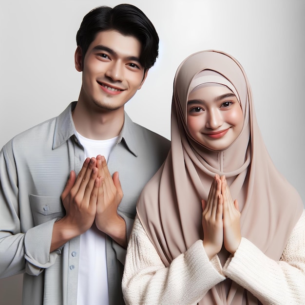 Foto muslimische männer und frauen mit handpositionen wünschen ihnen einen glücklichen eid al-fitr happy eid mubarak