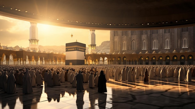 Muslimische Menschen in Roben stehen in einem großen Raum mit einem Uhrturm mit generativer KI