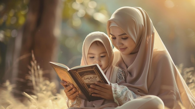 Muslimische Mutter und Tochter lesen zusammen den Koran im Park