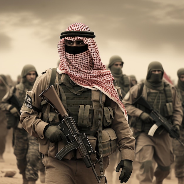 Foto muslimische spezialeinheiten-soldaten mit waffen nehmen an einem militärmanöver teil