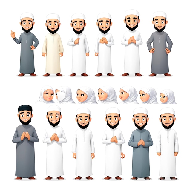 Muslimische Zeichentrickfiguren mit weißem Hintergrund