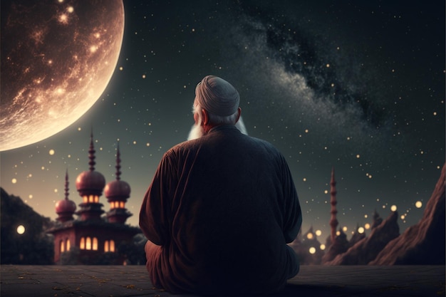 Muslimischer alter Mann, der auf einem sternenklaren und halbmondförmigen Mondnacht-Ramadan-Konzept betet