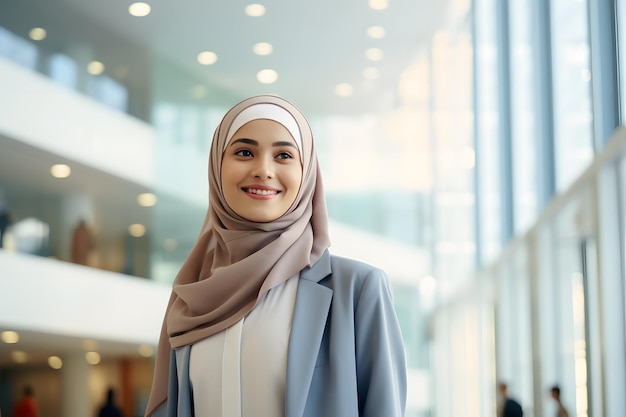 Muslimischer Arbeiter in der Technologiebranche lächelt Geschäftsaufbauhintergrund