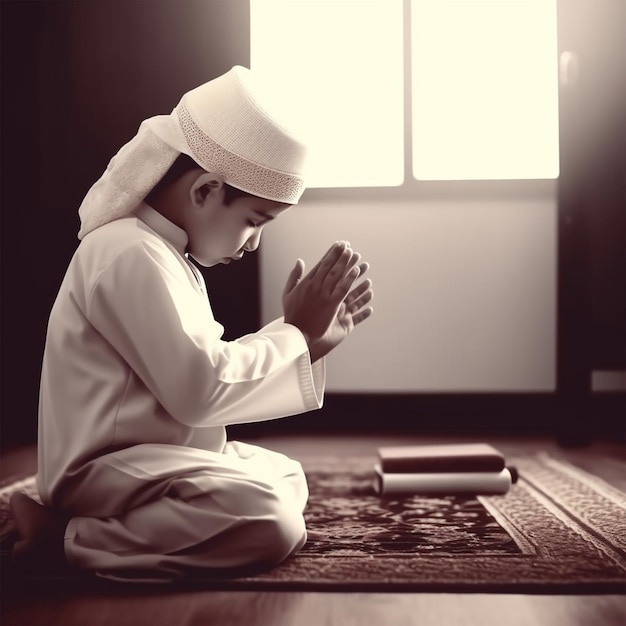 Muslimischer Junge lernt, wie man Dua macht