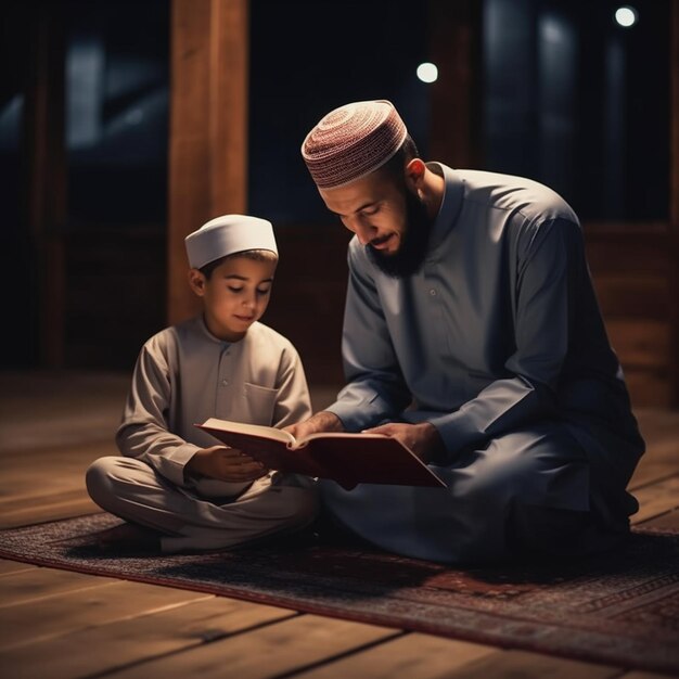 Foto muslimischer junge liest den koran mit einem lehrer, lernt den koran und unterrichtet den koran in einer moschee