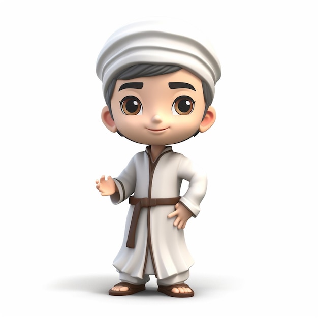 Muslimischer Junge trägt einen Jubah und eine Sandale, weißer Hintergrund 3D