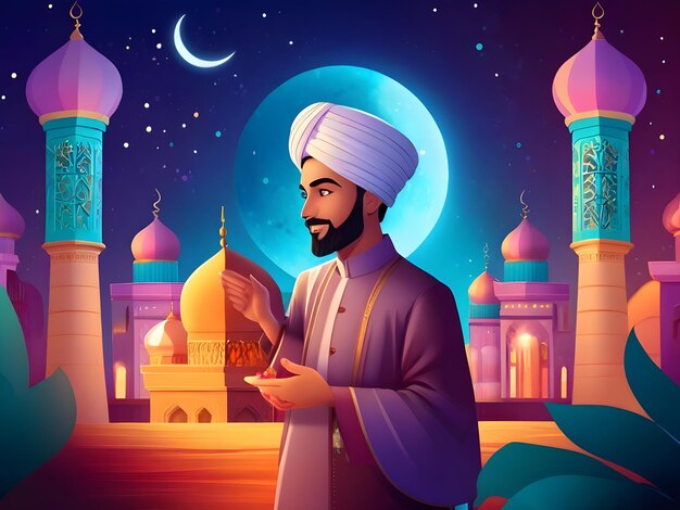 Foto muslimischer mann begrüßt ramadan kareem und eid al fitr flaches illustrationsbild ki erzeugen sie bild