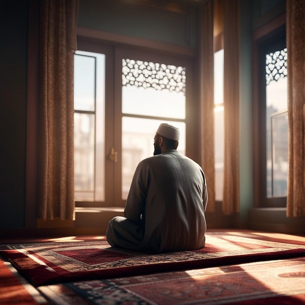 Muslimischer Mann sitzt auf Gebetsmatte in der Moschee