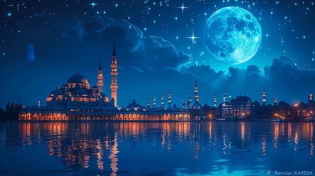 Muslimischer Urlaub mit dunkler Nacht Arabisches Stadtbild Moschee Kreatives Design Vektorformat