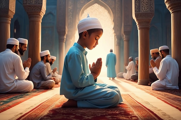 Muslimisches Gebet für Kinder oder Männer, um Allah im heiligen Tempel oder in der Moschee als Familie im Ramadan mit Dankbarkeit zu verehren
