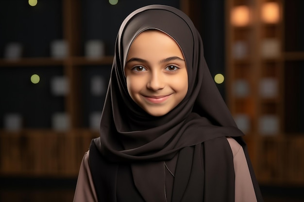 Muslimisches Schulmädchen lächelt und schaut in die Kamera zurück zur Schule Konzept Schulhintergrund