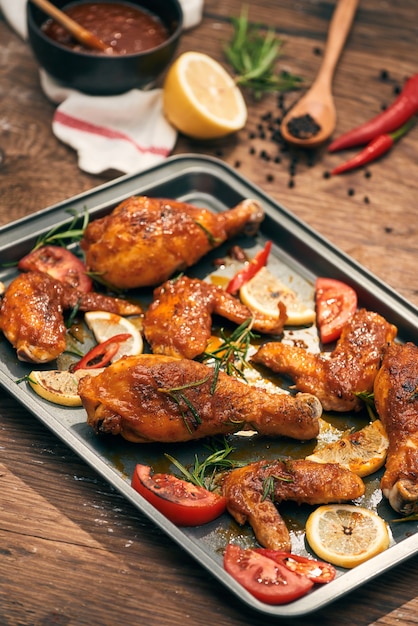 Muslo de pollo al horno y alas en la bandeja para hornear sobre la mesa de madera oscura.