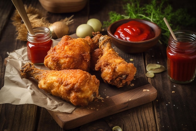 Muslo de pollo frito y salsa de tomate sobre fondo de madera