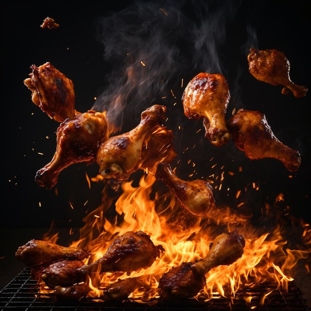 Muslos y alitas de pollo a la parrilla con llamas