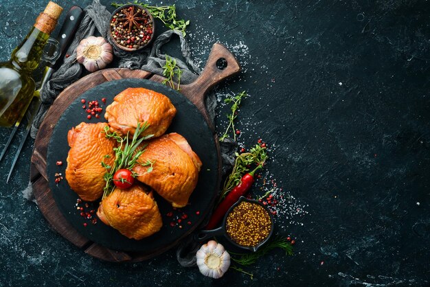 Muslos de pollo ahumado con especias y hierbas Vista superior Espacio libre para texto