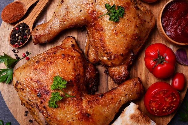 Muslos de pollo asado con especias y verduras