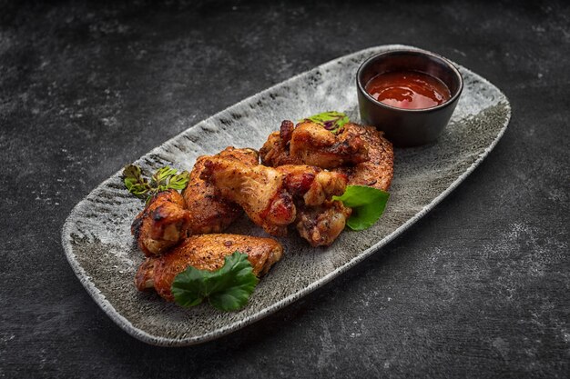 Muslos de pollo a la barbacoa con salsa, sobre una placa gris, sobre una mesa oscura